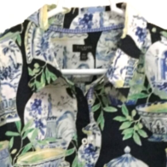 Talbots Women Size XLP Shirt Blouse Top Vases Navy Green White Button Front - Picture 5 of 7